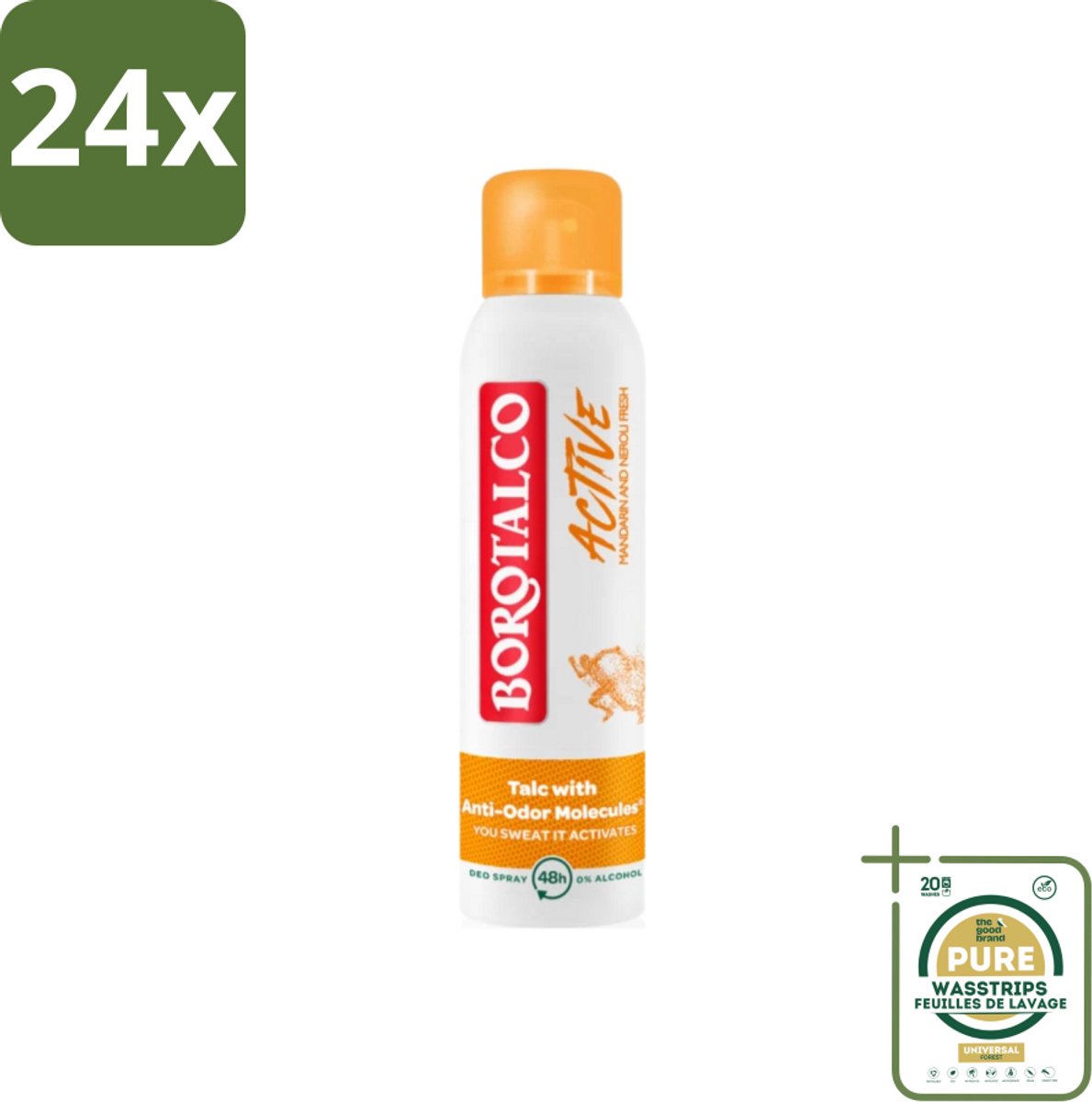 Borotalco - Deodorant Spray - Active - Mandarin & Neroli Fresh - 0% Alcohol - 150 ml - Voordeelverpakking - 24 stuks - Mandarijn - Neroli