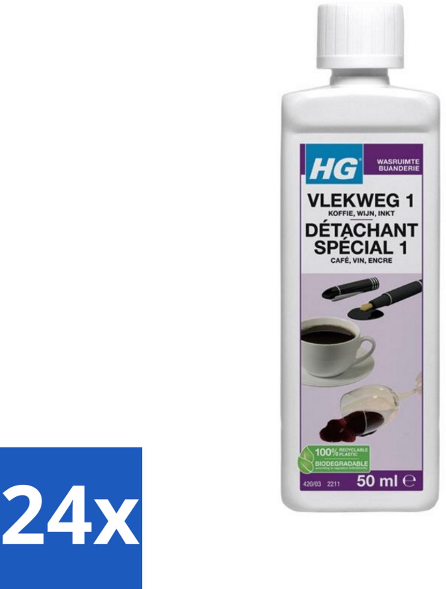 24 x HG - Wasruimte - Vlekweg 1 - Koffie, Wijn & Inkt - 50 ml - Vlekkenverwijderaar - Vlekken Uit Textiel - Koffie Vlekken - Wijn Vlekken - Inkt Vlekken