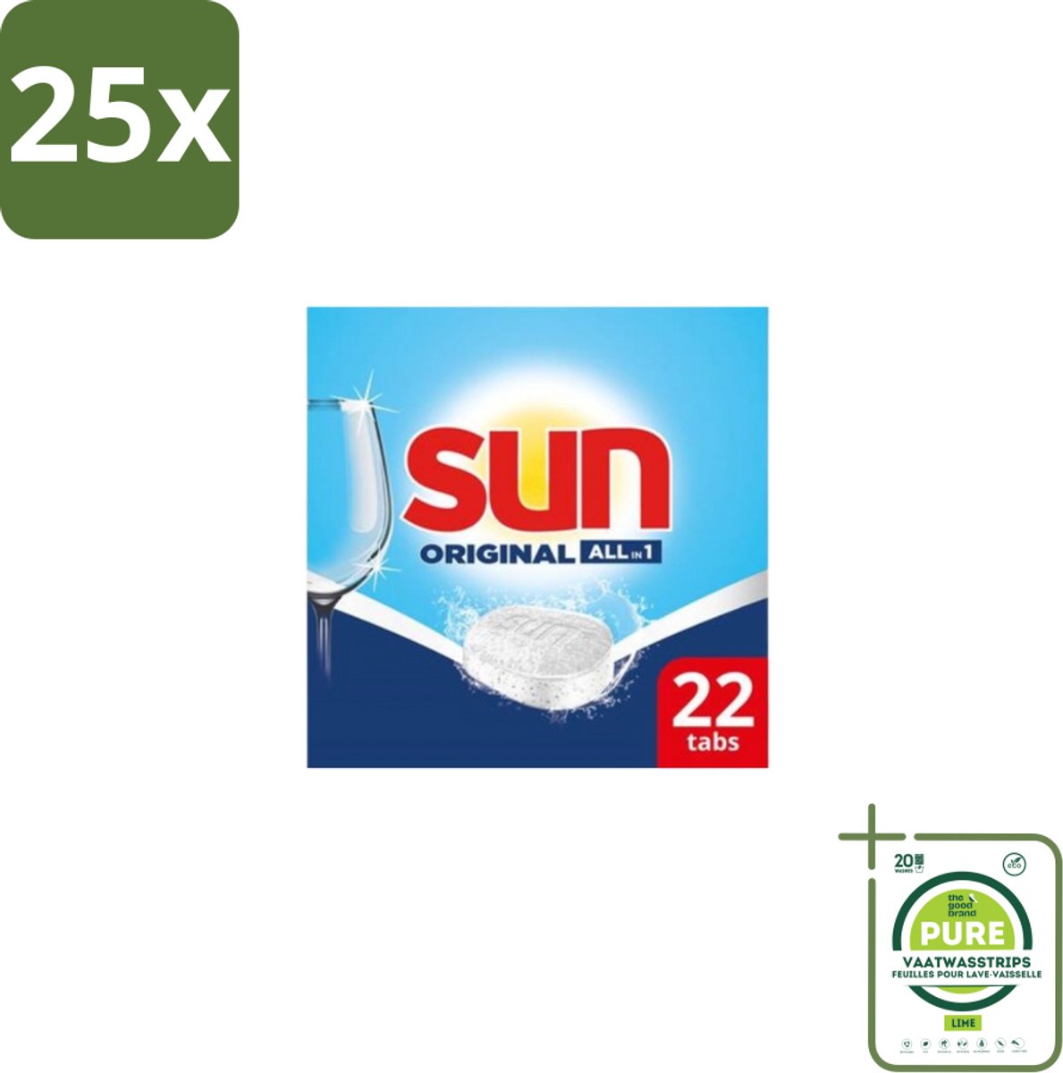 25 x Sun – Vaatwastabletten – All-in-1 Original – 22 tabletten - Grootverpakking - Vaatwastabletten - Vaatwassen - Reinigen - Glans - Spoelglans