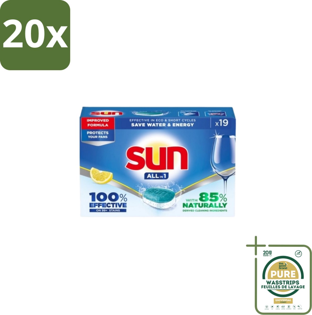 20 x Sun – Vaatwastabletten – All-in-1 Citroen – 19 tabletten - Grootverpakking - Vaatwastabletten - Citroen - Reiniging - Schone Vaat - Glans