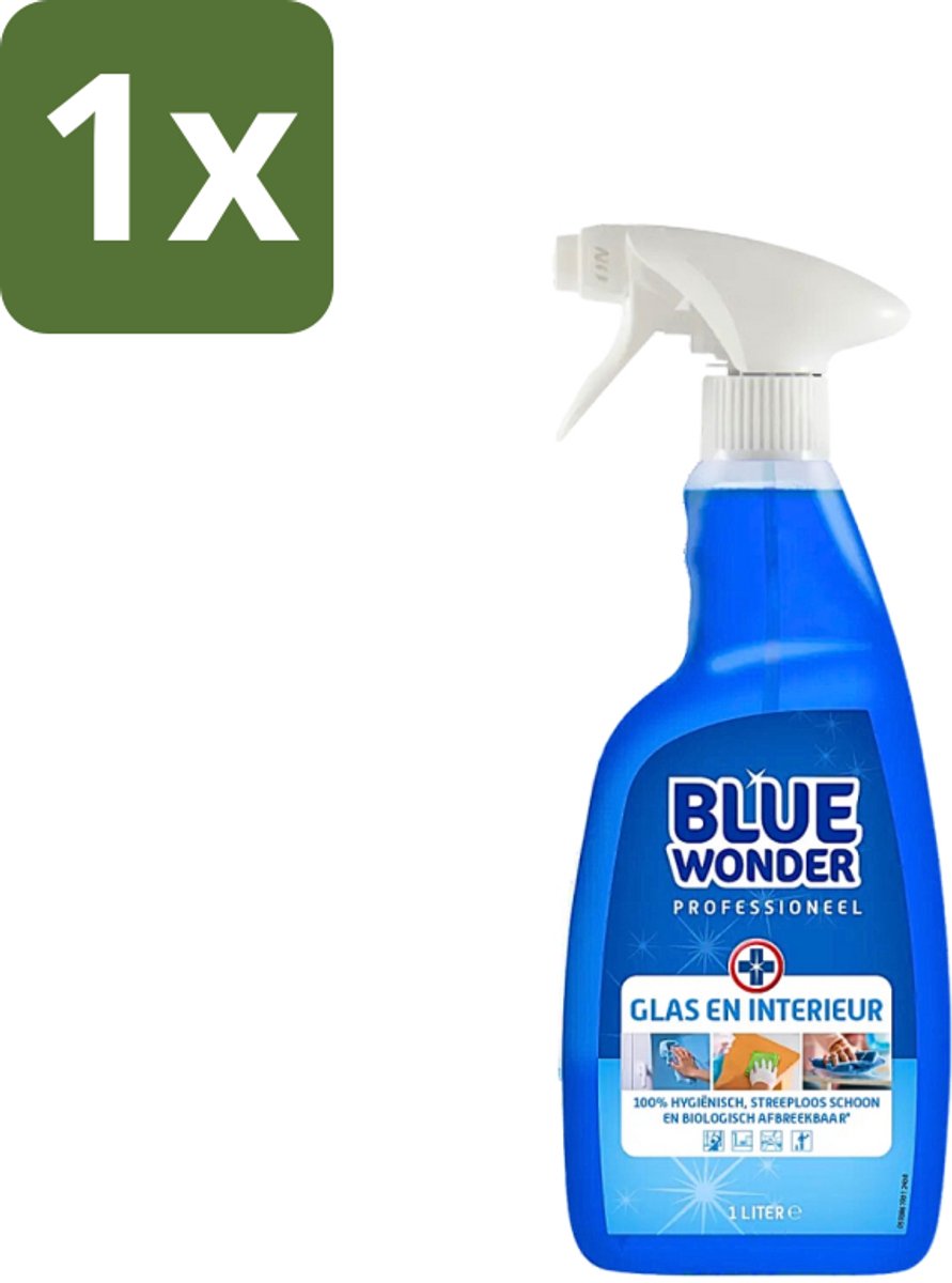 1 x Blue Wonder Professionele Glas en Interieur Spray 1 liter - Glas Reinigen - Interieur Reinigen - Streeploos Drogen - Vet Verwijderen - Vlekken Verwijderen