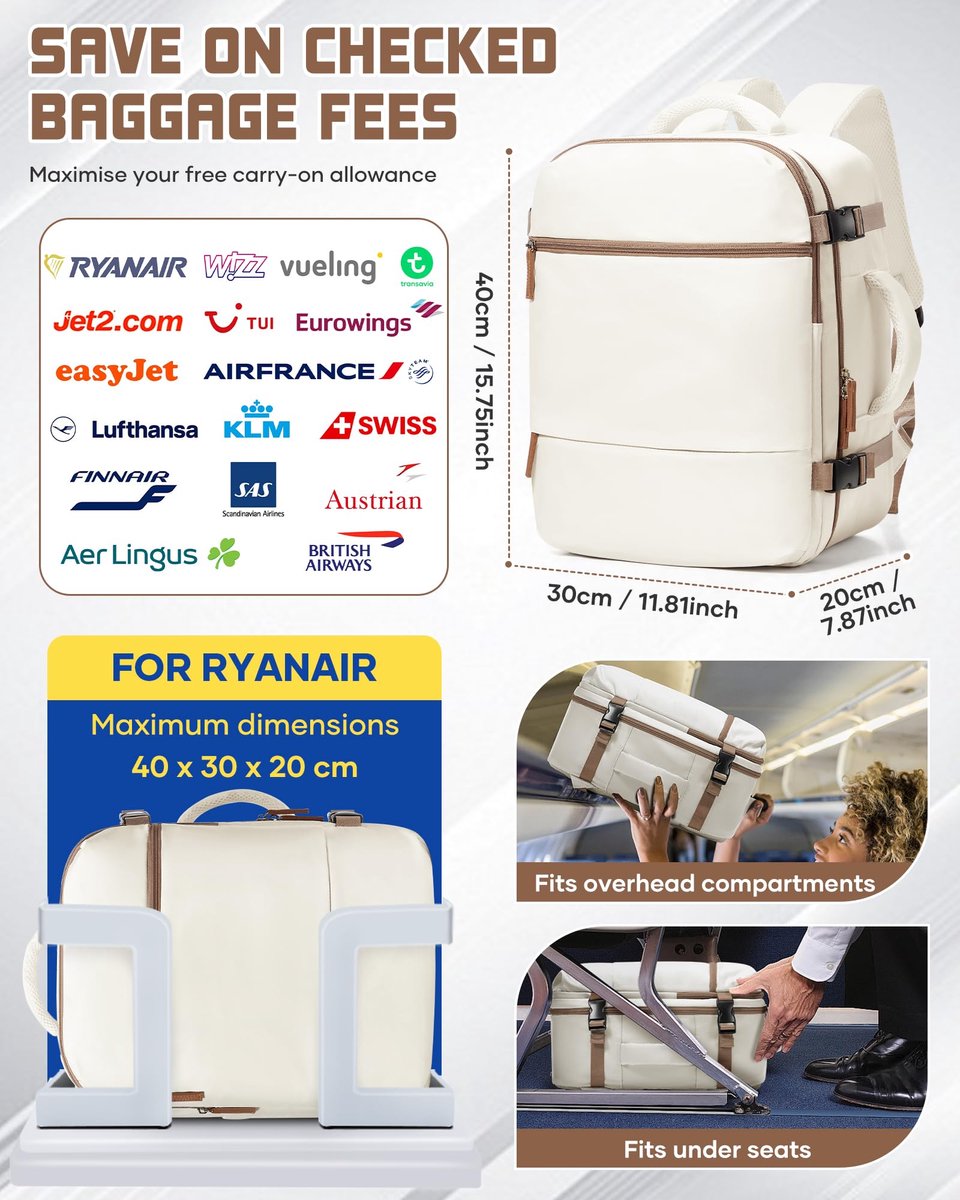 suradar Handbagage Rugzak 40x30x20 Ryanair 24L Reistas Beige met bruin - ShopVlot