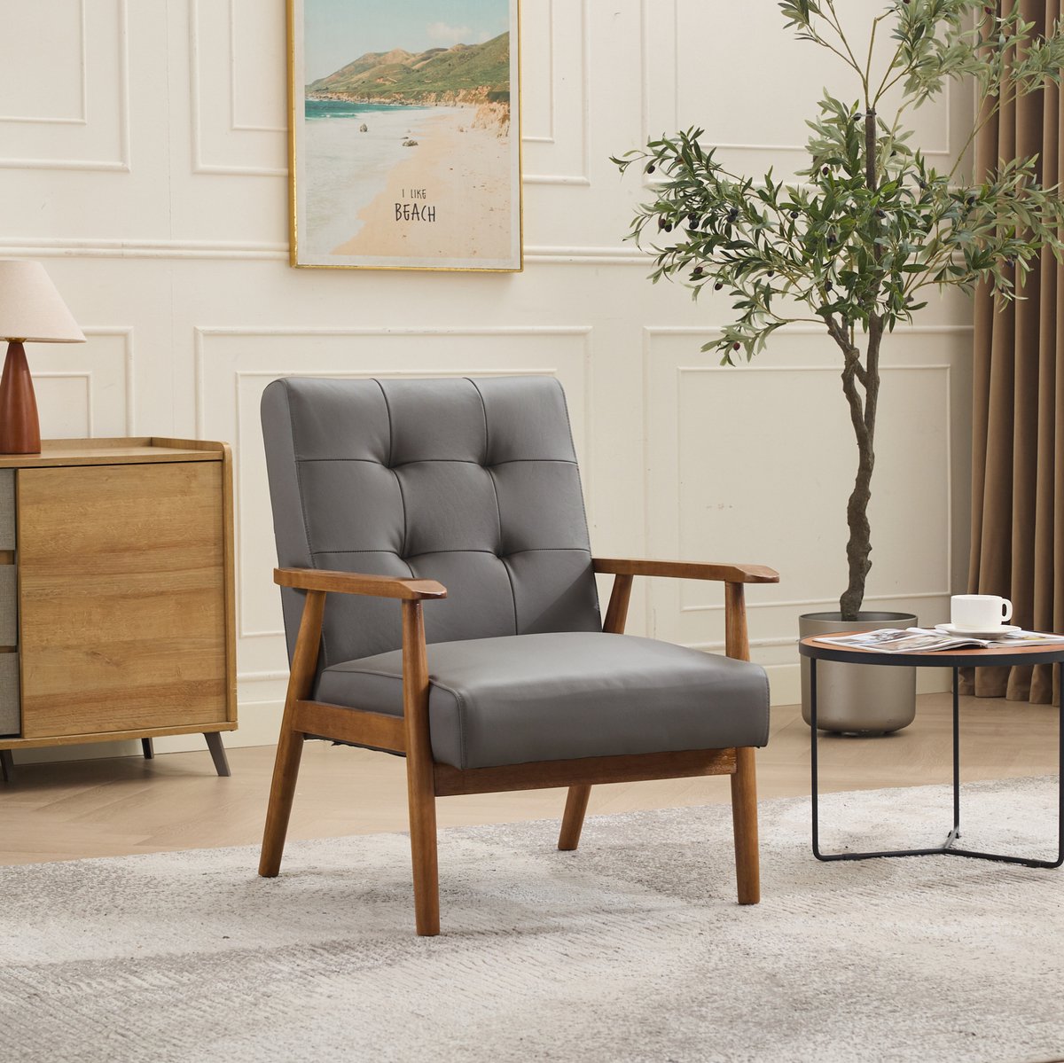 Wishdor Fauteuil - Grijs echtleer - Houten armleuningen en rubberwood poten - Gestikt patroon - Woonkamer slaapkamer kantoor - Voor volwassenen - 64 x 80 x 83 cm