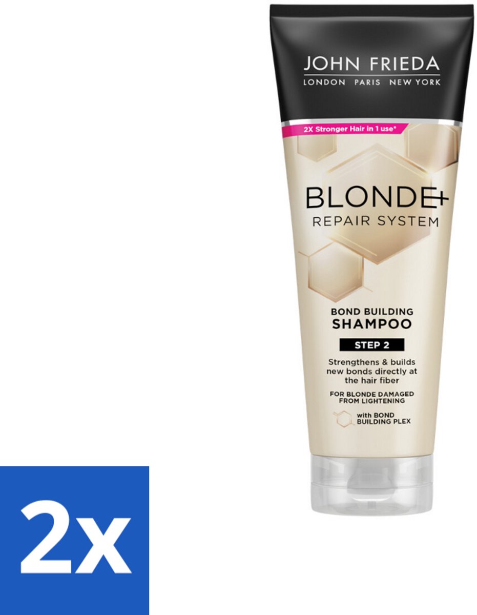 2 x John Frieda – Shampoo – Blonde+ Repair Bond Building – Herstellend – 250 ml - Blond Haar Herstellen - Beschadigd Haar Herstellen - Bond Building Shampoo - Herstel Shampoo - Sterk Haar