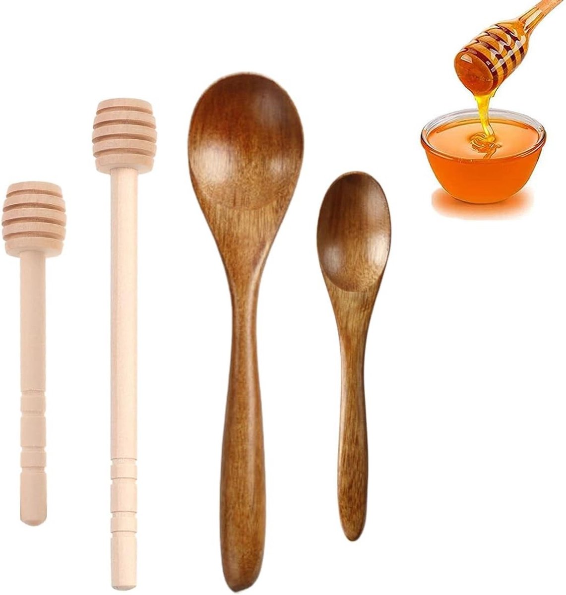 Set van 4 Houten Honinglepels - Ideaal voor Honingpot, Thee en Bakken met Natuurlijke Honing
