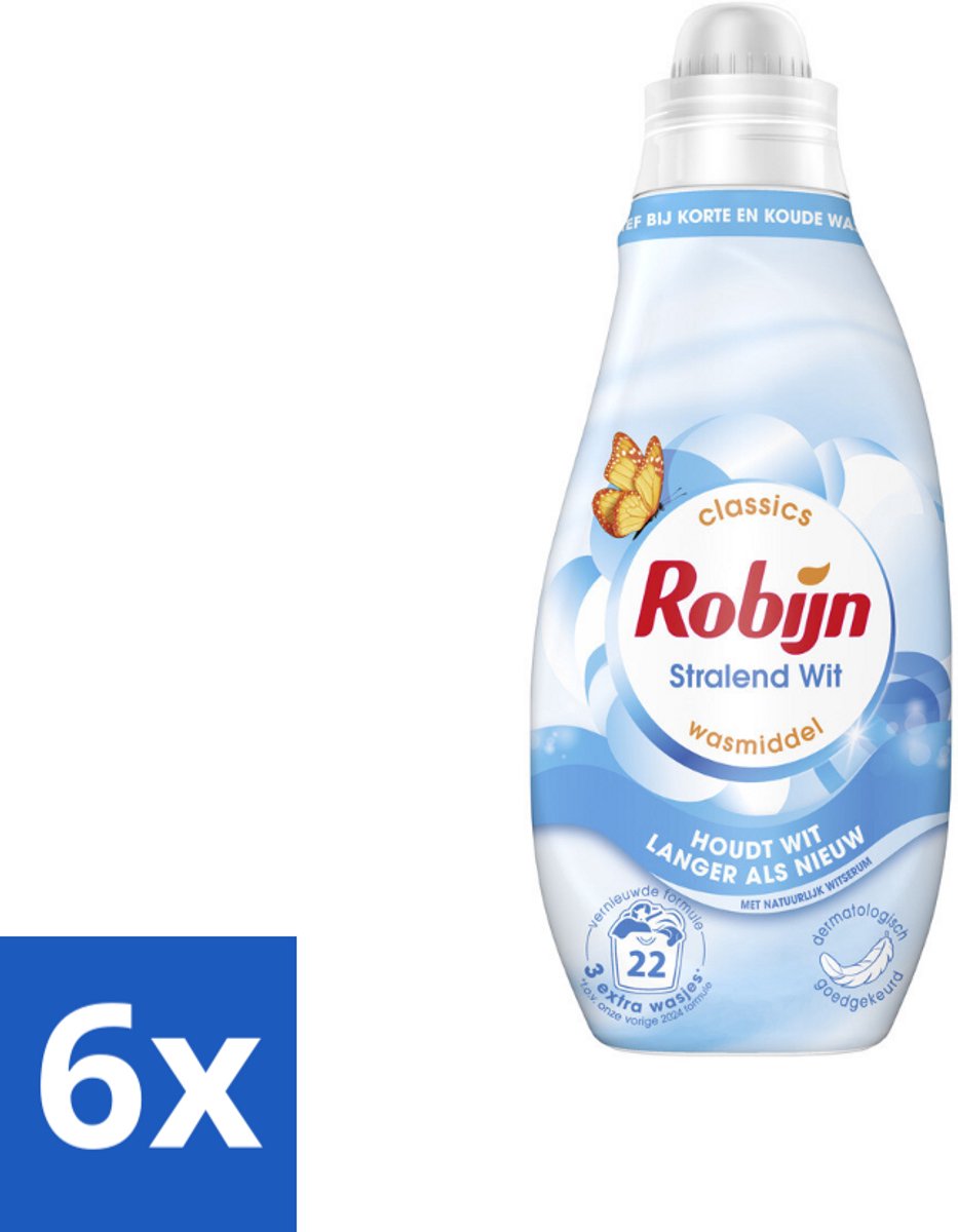 6 x Robijn – Vloeibaar Wasmiddel – Klein & Krachtig Classics Stralend Wit - 665 ml - Wit Wasmiddel - Wit En Licht Was - Wasmiddel Voor Wit - Wasmiddel Tegen Vergeling - Koud Wasmiddel