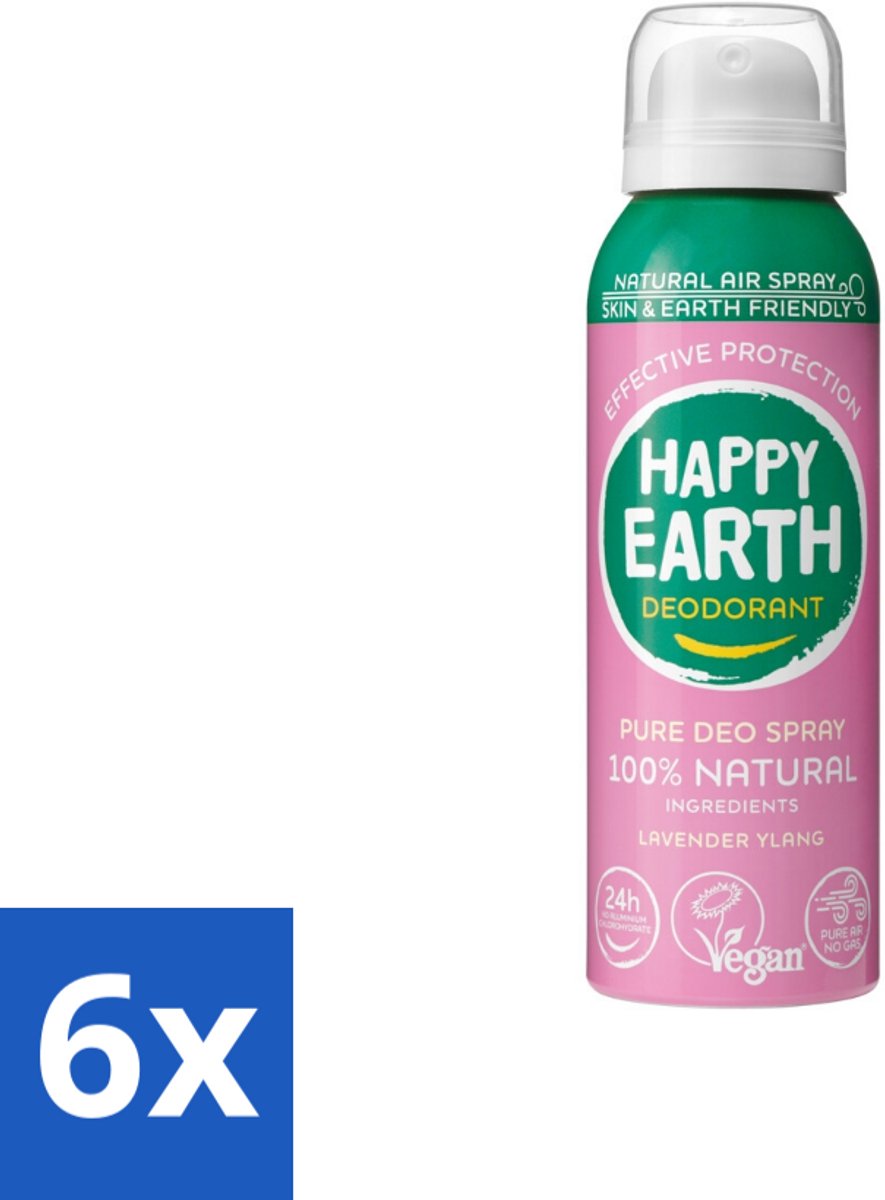 6 x Happy Earth – Deodorant Spray – 100% Natuurlijk Lavender Ylang – 100 ml - Natuurlijke Deodorant Spray - Luchtige Deodorant - Duurzame Deodorant - Lavendel En Ylang-ylang - Huidvriendelijke Deodorant