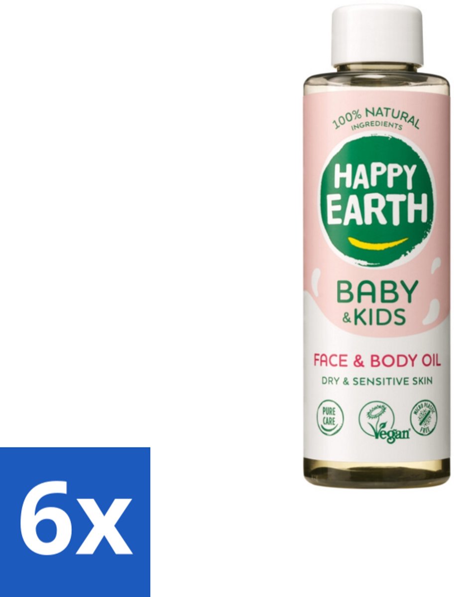 6 x Happy Earth – Face & Body Oil – 100% Natuurlijk Baby & Kids – 150 ml - Babyolie - Gezichtsolie - Lichaamsoil - Natuurlijke Huidverzorging - Babymassageolie