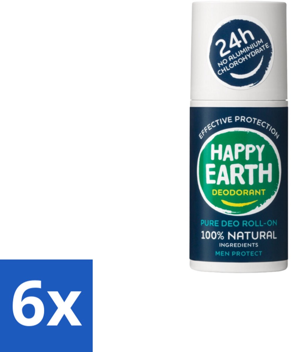 6 x Happy Earth – Deodorant Roll-On – 100% Natuurlijk Men Protect – 75 ml - Natuurlijke Deodorant Voor Mannen - Frisse Geur - Deodorant Zonder Aluminium - Huidvriendelijk - Vegan Deodorant