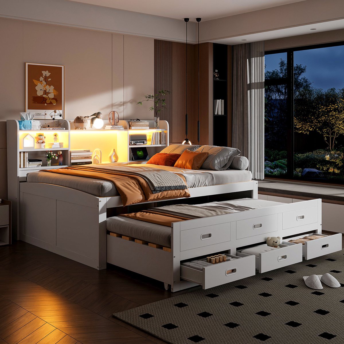 Slaapbank met uitschuifbed en LED - 140x200 cm - Wit - 3 lades en nachtkastplateau - USB/Type-C oplaadpoorten - Afstandsbediening LED-verlichting - Uitschuifbed 91x191 cm