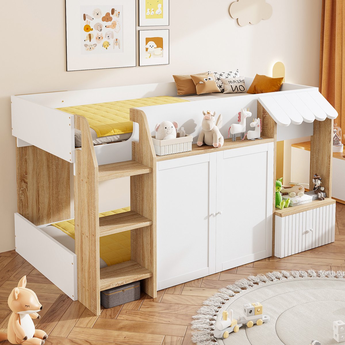 Halfhoog kinderhuisbed met opbergruimte en klimladder - 90x200 cm eenpersoons - Houtkleur en wit - Open speel- en opbergruimte onder het bed - Geschikt als tweede bed voor logeerpartijtjes - Lage instap voor extra veiligheid
