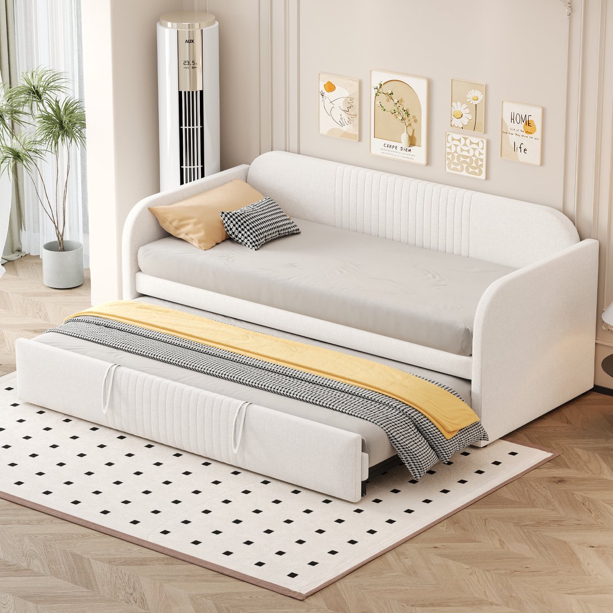 Uitschuifbare slaapbank 90x190 cm - ombouwbaar tot tweepersoonsbed 180x190 cm - beige linnen - verticaal streepdesign - lattenbodem inbegrepen - tot 300 kg
