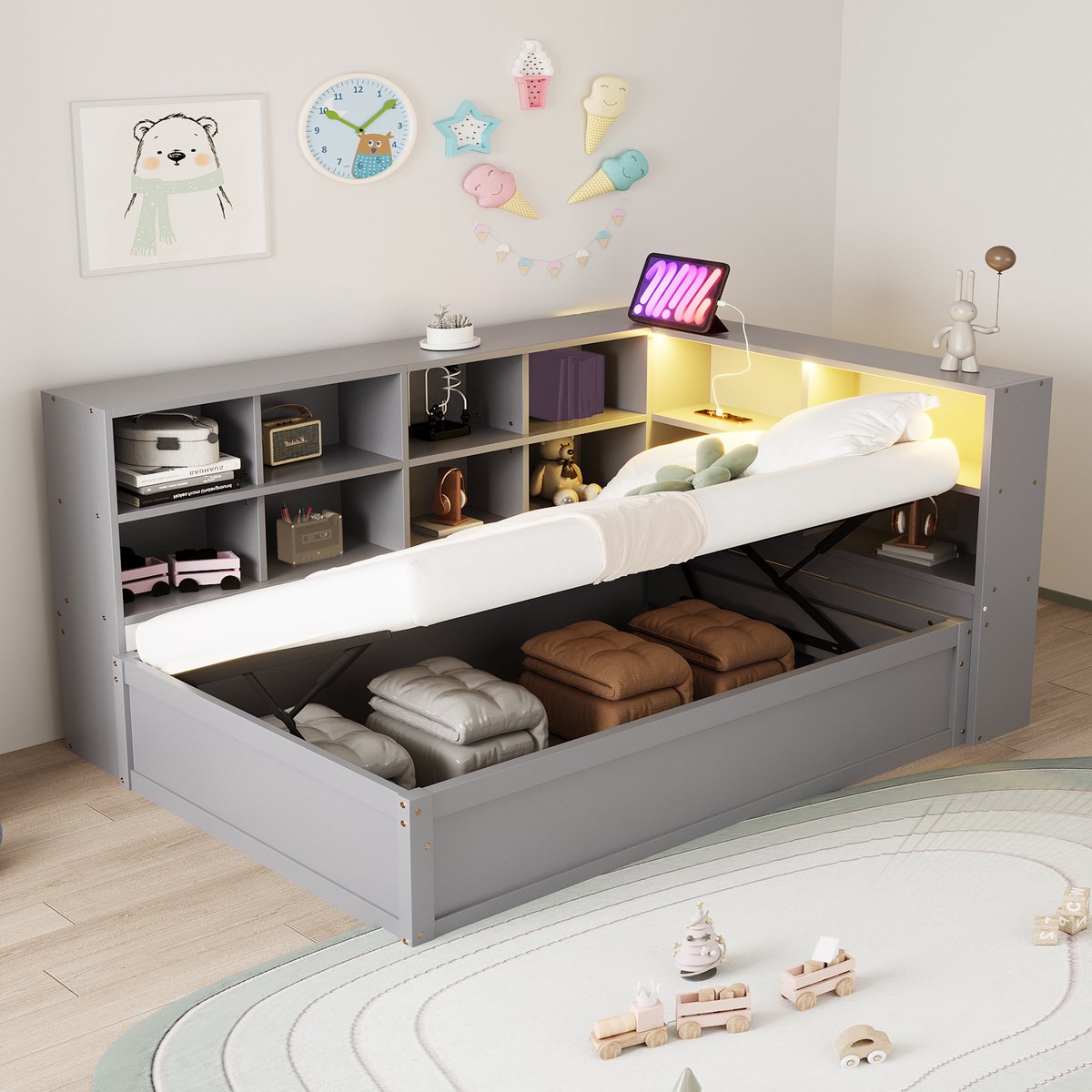 Houten slaapbank 90x200 cm - hydraulische opbergruimte, LED en multifunctionele stekkerdoos - eenpersoons - grijs - app-gestuurde muziekverlichting, USB/Type-C, stevig grenen frame