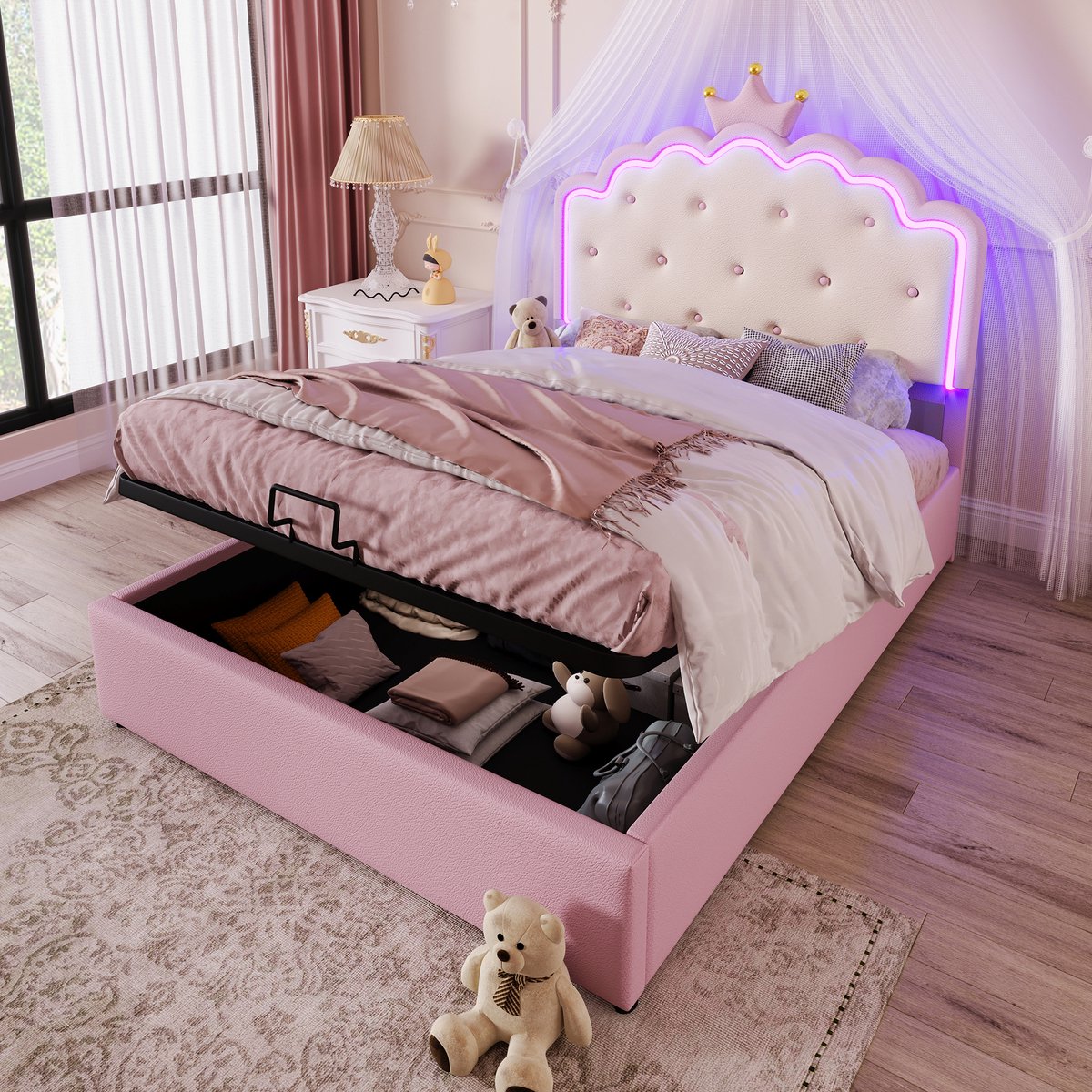 Gestoffeerd prinsessenbed met kroon - Voor een sprookjesachtige kinderkamer - 140x200 cm tweepersoons - Roze PU-bekleding - Met LED-sfeerverlichting, hydraulische opbergruimte en lattenbodem