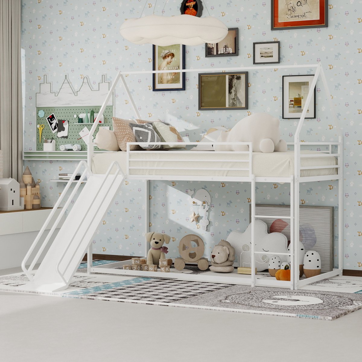 Stapelbed met glijbaan en huisdesign - voor avontuurlijke kinderkamers - 2x 90x190 cm - zwart - stevig metalen frame en hoge veiligheidsrekken - trappen inbegrepen en eenvoudige montage