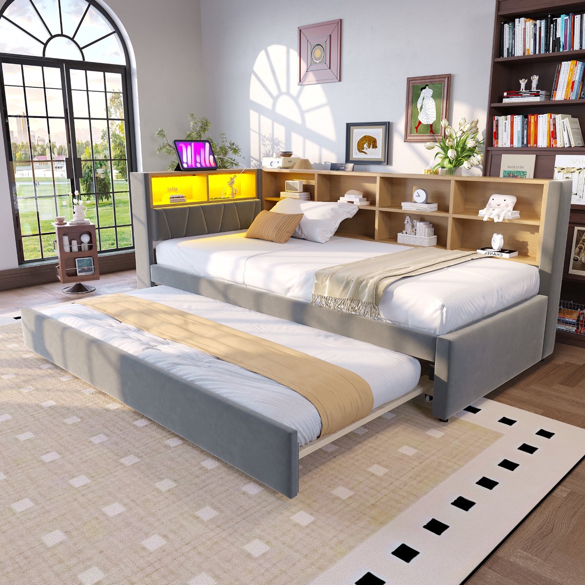Gestoffeerde slaapbank - met uitschuifbed en LED - 90x200 cm / 90x190 cm - Donkergrijs flanell - USB- en Type-C-oplaadpoorten - Meerdere opbergvakken - 24-delige lattenbodem inbegrepen