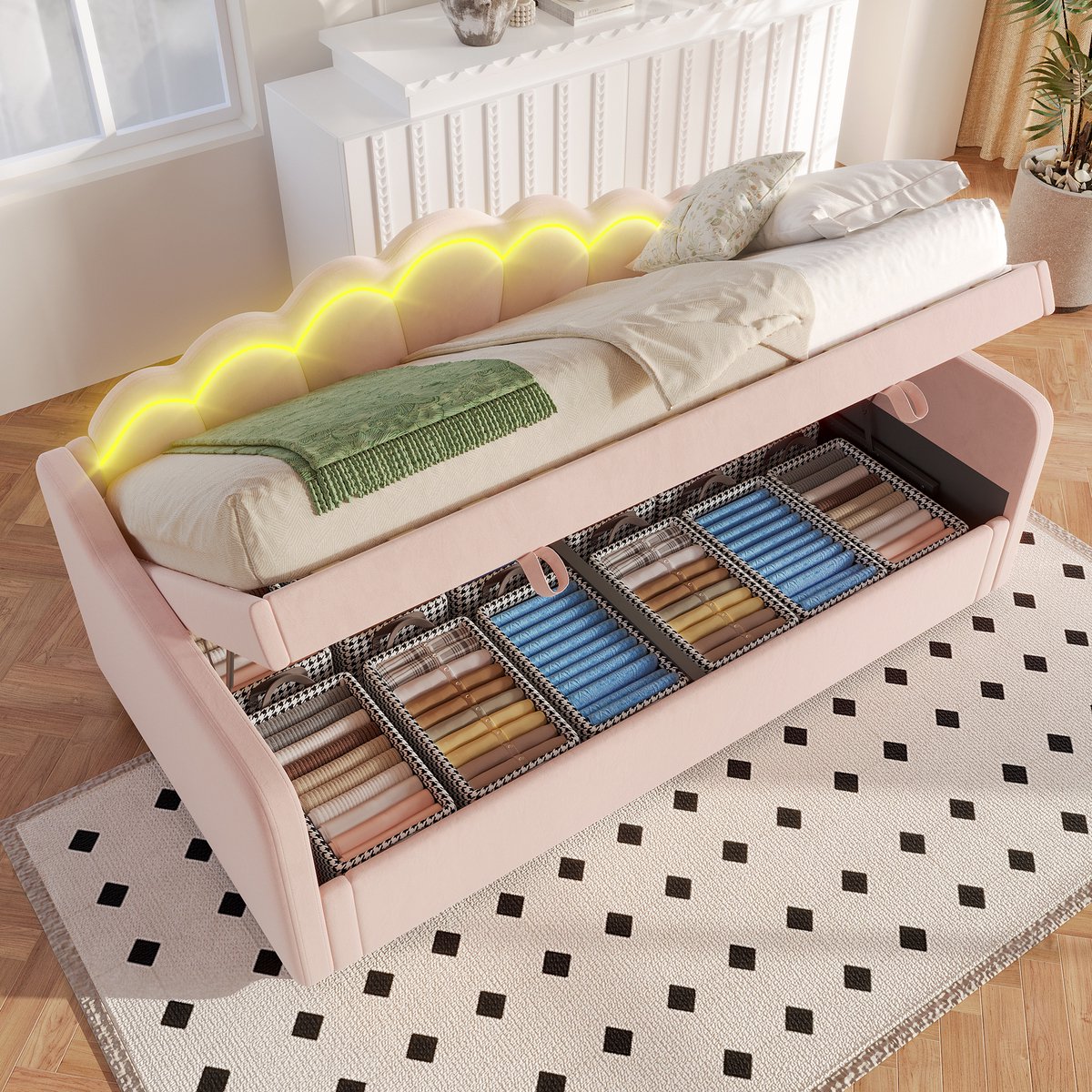 Dagbed slaapbank - met hydraulische opbergruimte en LED - 90x200 cm - Roze fluweel - Golvend hoofdeinde met kleurveranderlijke sfeerverlichting - Verborgen opbergvak onder de matras