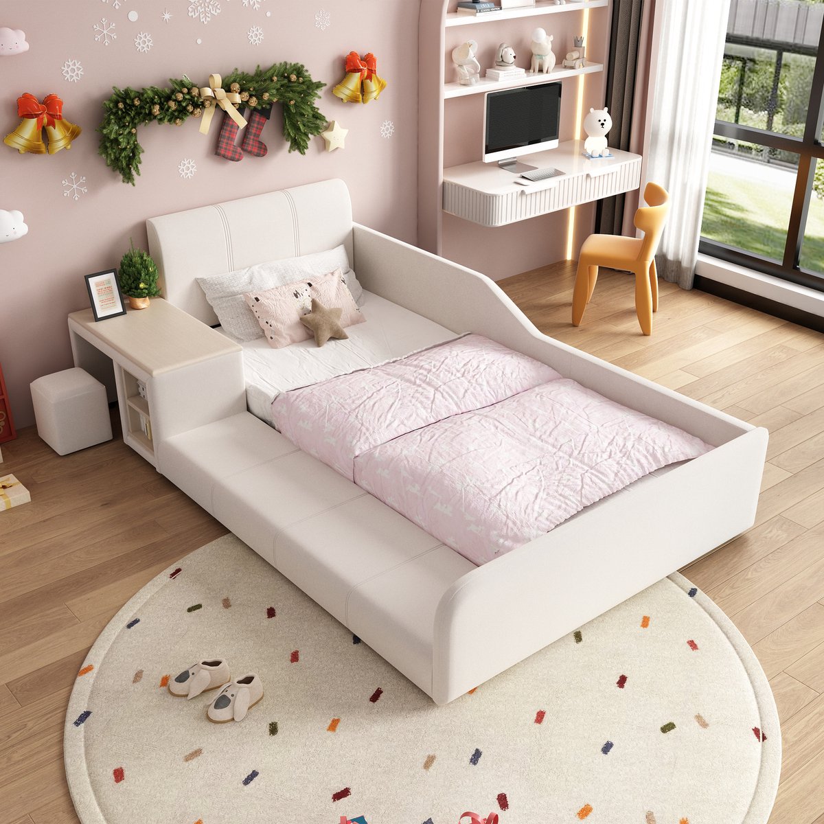 Gestoffeerd kinderbed met bureau en kruk - Multifunctionele slaap- en studeercombinatie - 90x200 cm - Wit - Inclusief opbergplank en zacht hoofdeinde - Stabiele houten lattenbodem