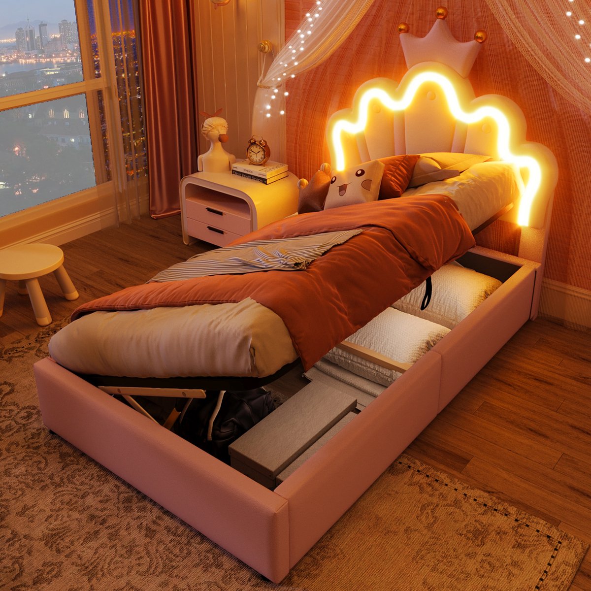 Gestoffeerd prinsessenbed met kroonhemel en LED - hydraulische opbergruimte - 90x200 cm eenpersoons - roze PU - verstelbaar hoofdeinde - meerkleurige sfeerverlichting - eenvoudig te openen