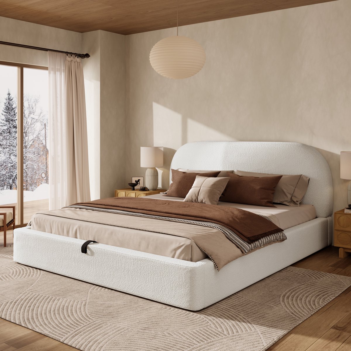 Gestoffeerd bed - met hydraulische opbergruimte en dik gepolsterd hoofdeinde - tweepersoons 180x200 cm - beige bouclé - afgeronde veiligheidshoeken - lattenbodem inbegrepen