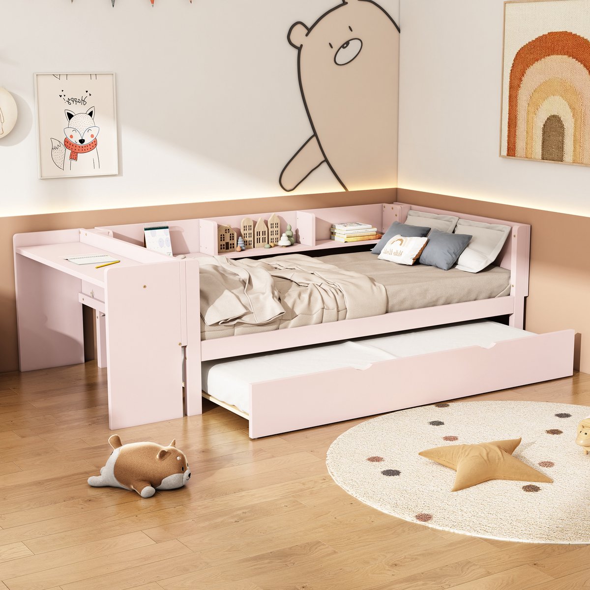 Kinderbed 90x200 cm met uitschuifbed (90x180 cm), bureau en 3 zijplanken - Roze - Stevig grenen en MDF - Geschikt voor compacte kinderkamer