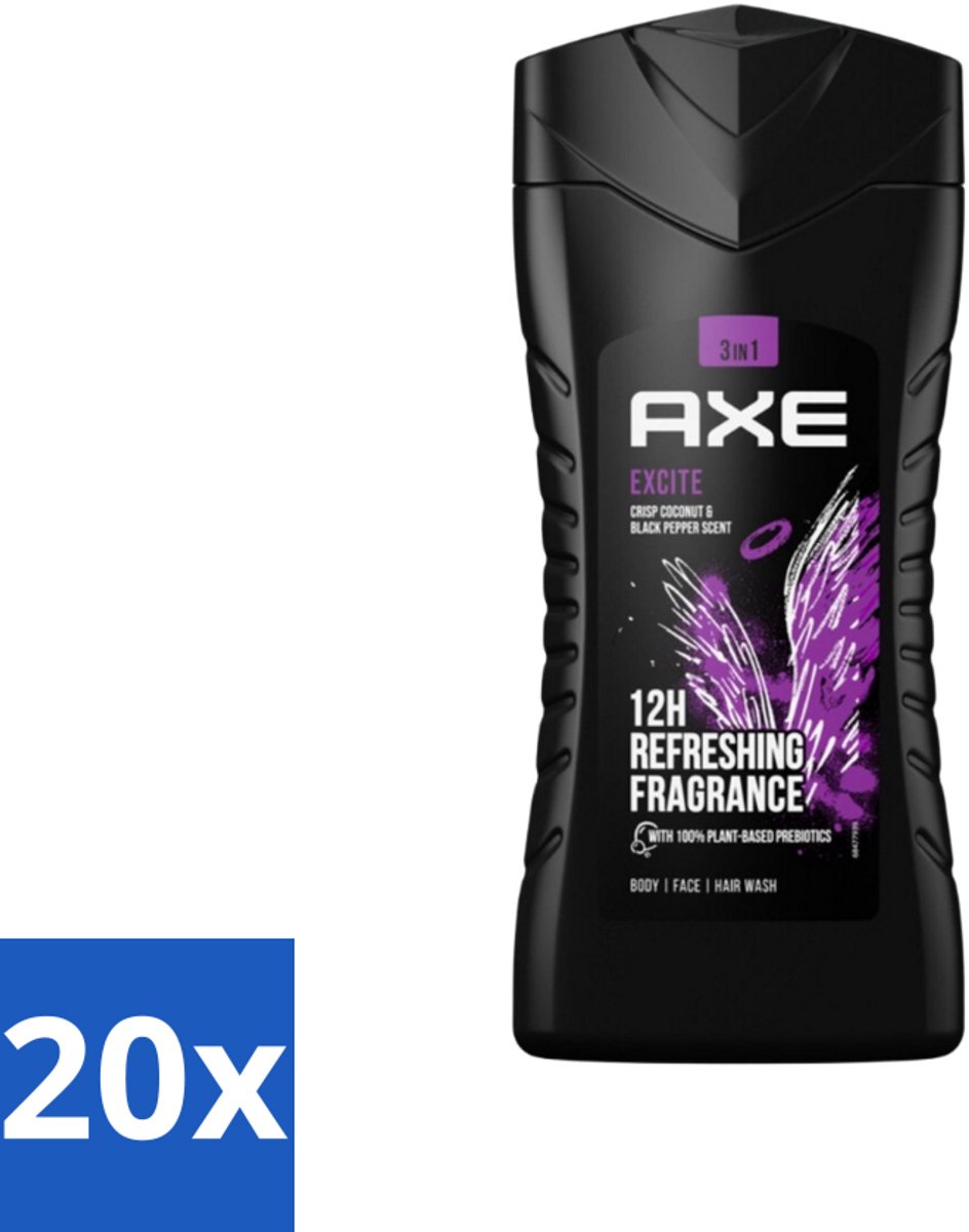 Axe - 3-in-1 Douchegel - Excite - Douchegel - Crisp Coconut & Black pepper - 100% Plantaardig - 250 ml - Bulkverpakking - 20 stuks
