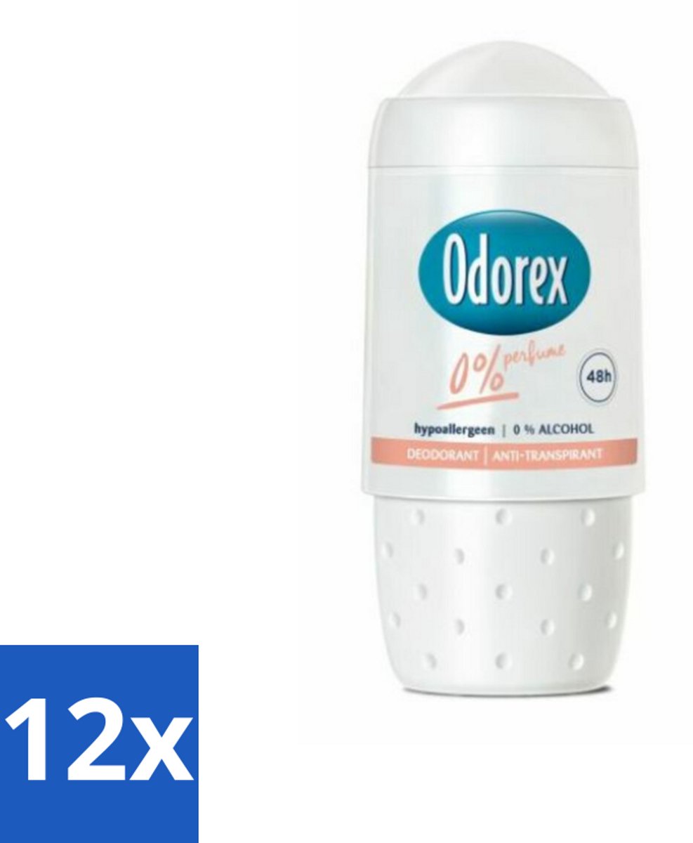 12 x Odorex Deodorant Roller 0% 50 ml - 0% Parfum - 0% Alcohol - Hypoallergenisch - Gevoelige Huid - Deodorant Roller