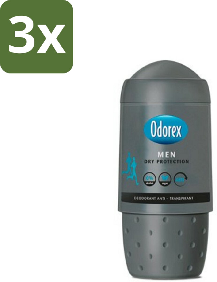 3 x Odorex Deodorant Roller For Men Dry Protection 50 ml - Mannelijke Deodorant - Anti-transpiratie - Zweetbescherming - Alcoholvrije Deodorant - Droge Oksels