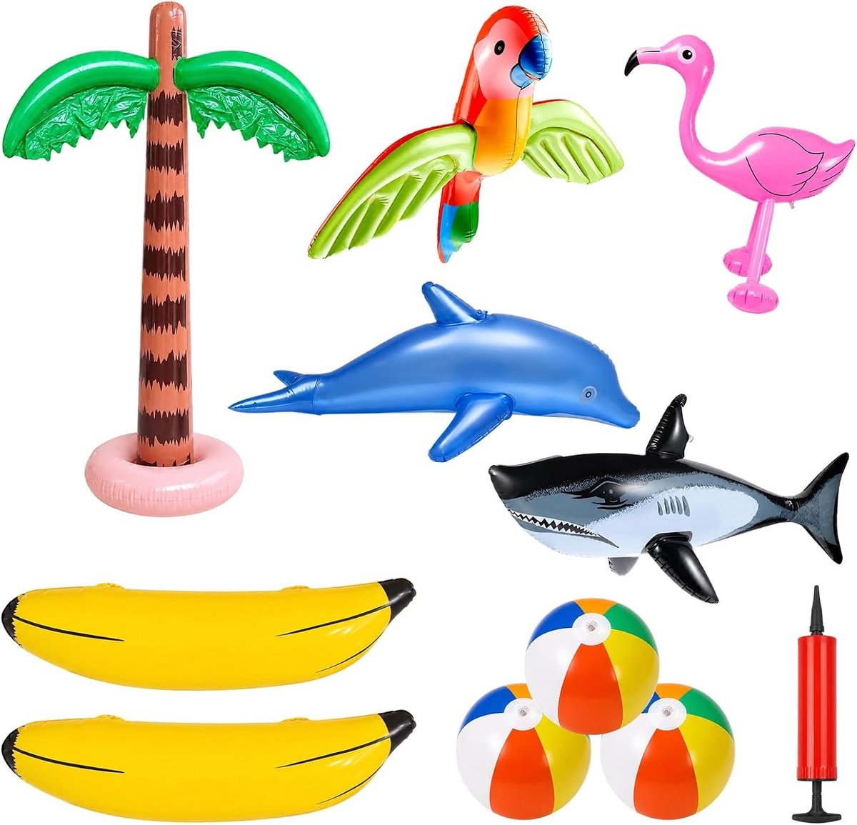 Opblaasbare Palmbomen en Flamingo Speelgoedset met Bananen, Strandballen en Dieren - 11 Delige Poolset met Luchtpomp voor Zomerplezier