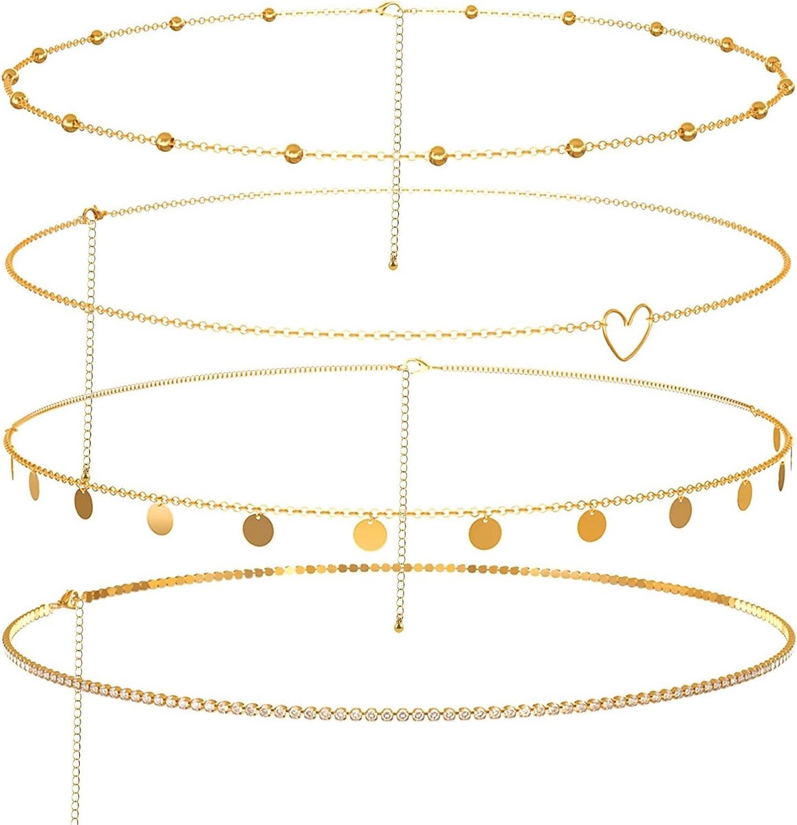 Verstelbare Buikketting Set met 4 Stuks voor Dames en Meisjes - Gouden Tailleketting met Franje voor Badkleding en Feestoutfits