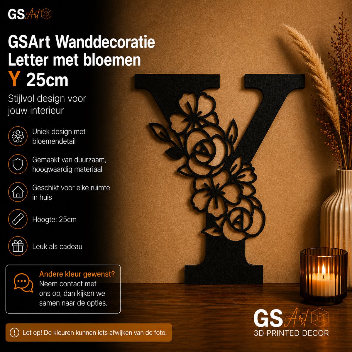 GSArt Wanddecoratie Letter met Bloemen – 25 cm - Y