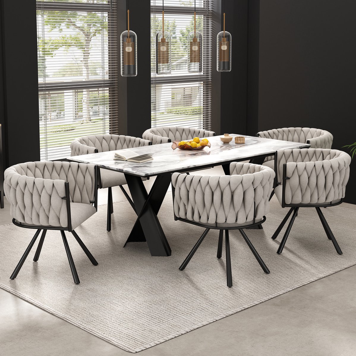 MIVRAY Eetkamerstoel Set Van 6 Draaibare Linnen Stoel Met Armleuningen En Metalen Kruispoot Voor Eetkamer En Woonkamer Beige En Zwart