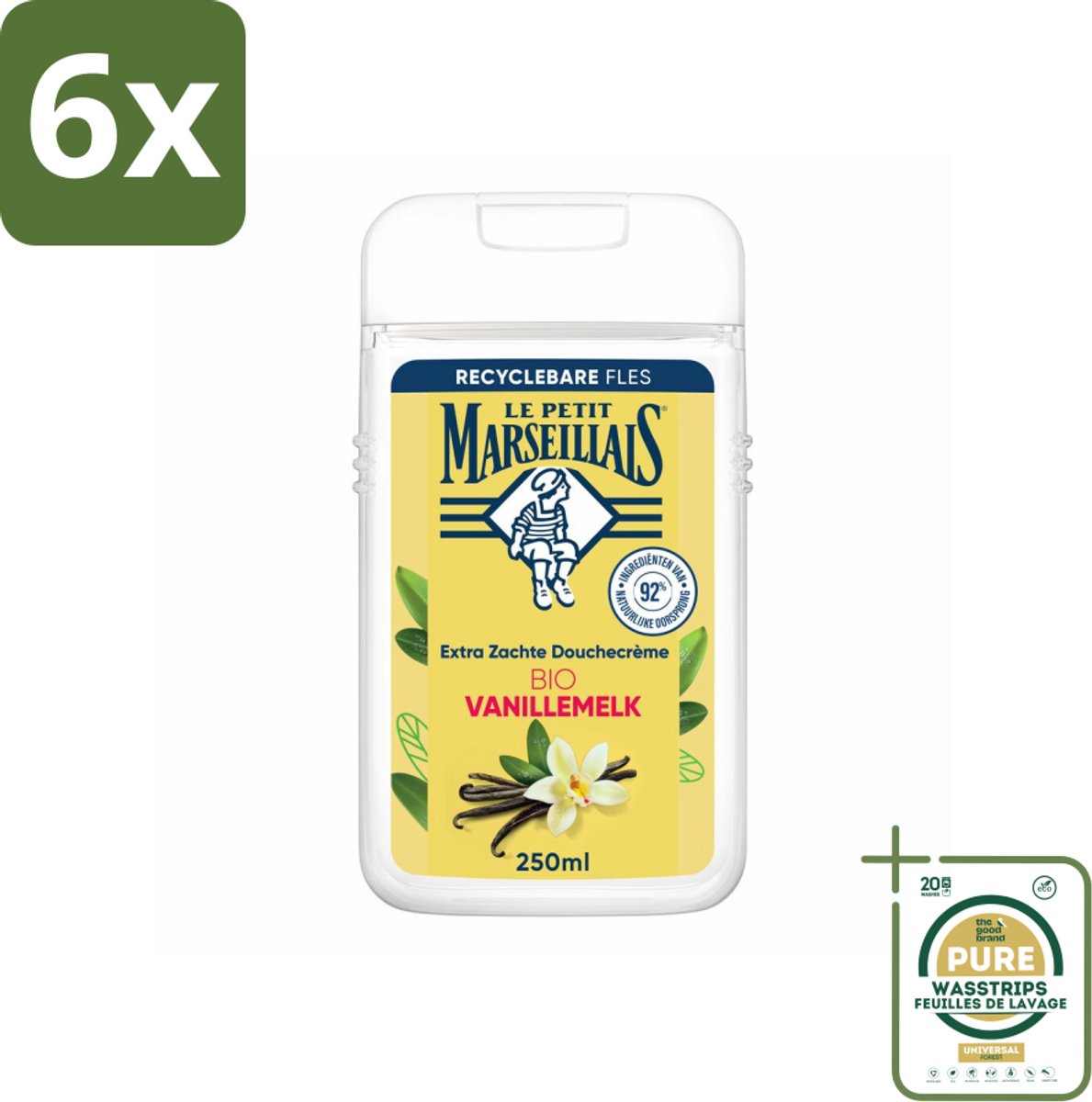 Le Petit Marseillais – Douchecrème – Lait de Vanille Bio – Extra zacht – 250 ml - Voordeelverpakking - 6 stuks - Bio - Huid verzorgen