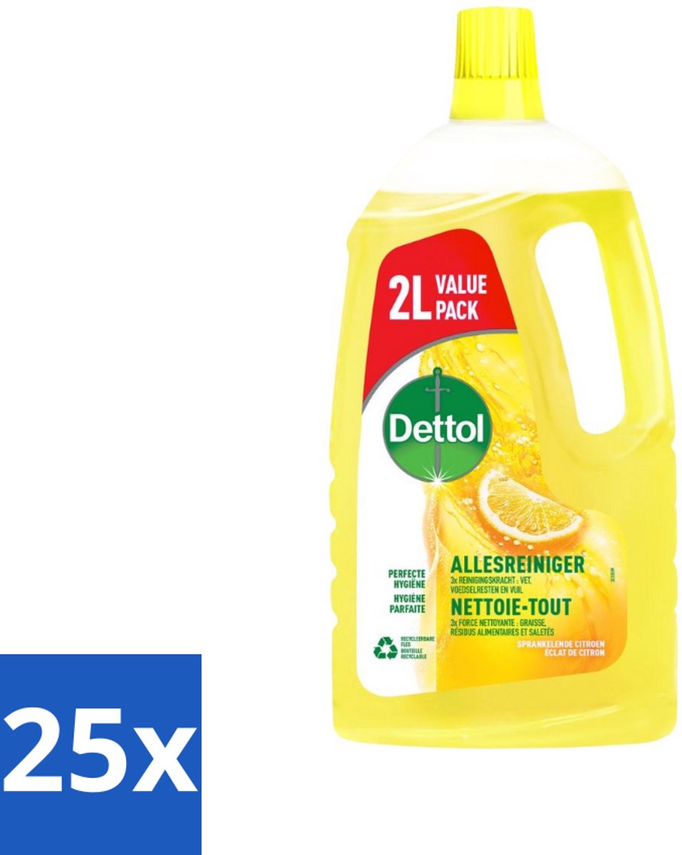 25 x Dettol - Allesreiniger - Sprankelende Citroen - Perfecte Hygiëne - 2L - Allesreiniger - Hygiëne - Citroengeur - Reiniging - Vet Verwijderen