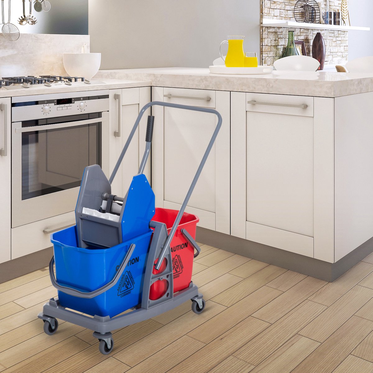 REDOM - Reinigingswagen - Met 2 emmers - Met uitwringer en 4 wielen - Met handgreep - Voor woning, restaurant en kantoor - Metaal en PP - Blauw en rood - 73 x 45 x 92 cm