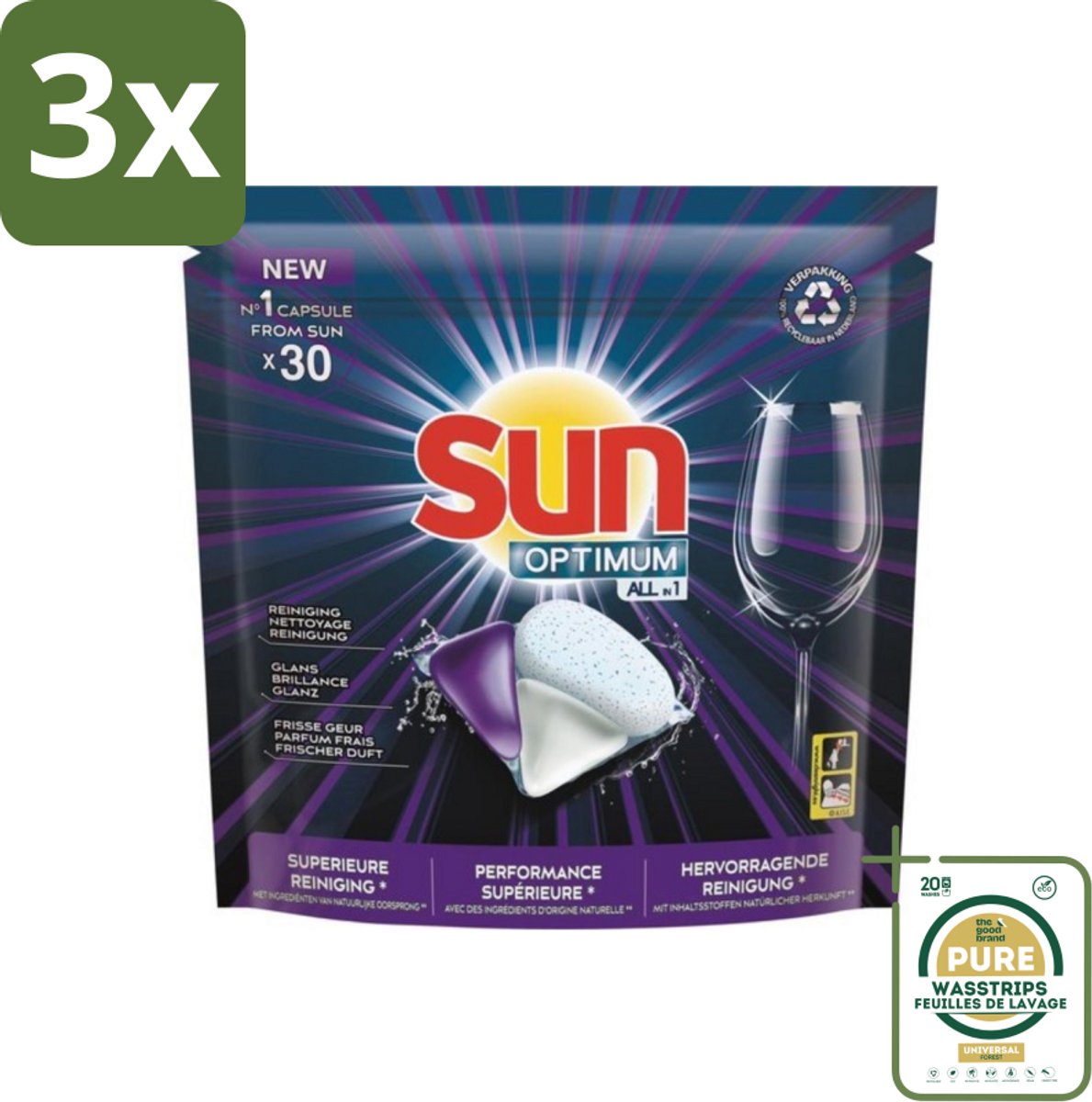 3 x Sun Optimum - All-in-1 - Vaatwasmiddel - Capsules - Maandbox - 30 Capsules - Grootverpakking - Vaatwasmiddel - Vaatwasmiddel Capsule - Vaatwasmiddel All-in-1 - Vaatwasmiddel Voor Vaatwasser - Vaatwasmiddel Met Spoelglans