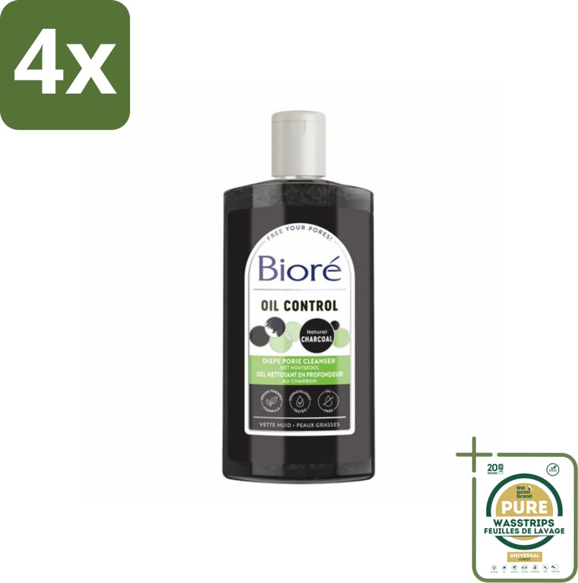 Bioré – Houtskool Reinigingsgel – Gezichtsreiniger – 200 ml - Voordeelverpakking - 4 stuks - Diepe reiniging - Vet huid