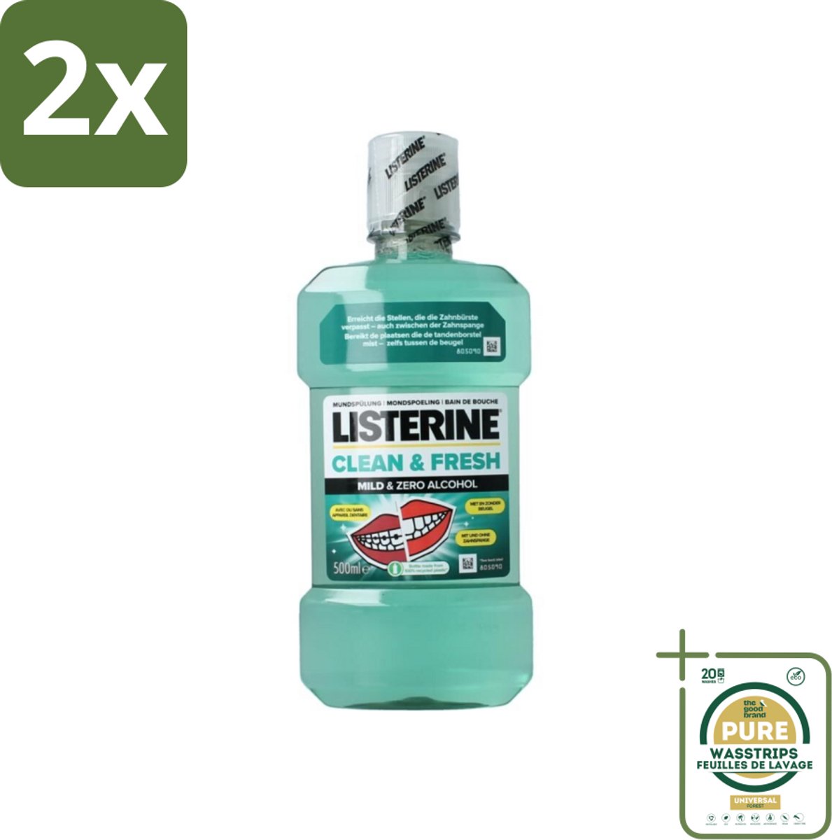 Listerine – Mondwater – Clean & Fresh – Zonder alcohol – 500 ml - Voordeelverpakking - 2 stuks - Beugel - Tandplak
