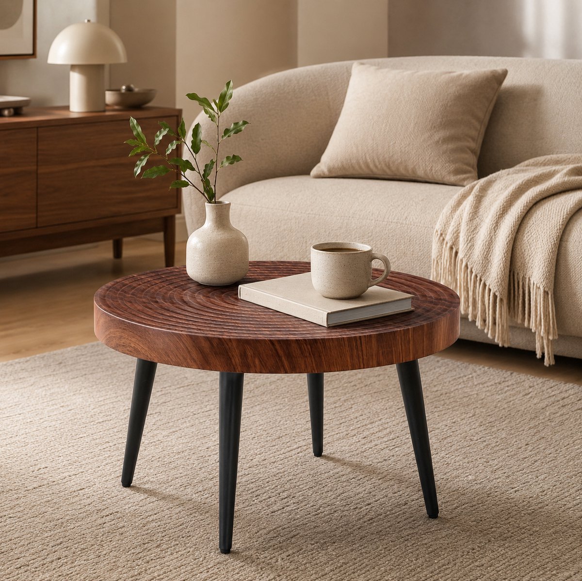 Salontafel Rond - Donker Walnoot Look Met Jaarringstructuur - Zwarte Metalen Poten - Ø 60 Cm - 37 Cm Hoog