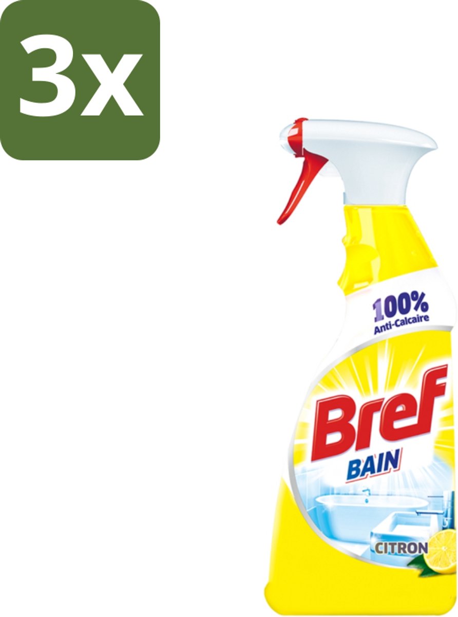 3 x Bref - Badkamerreiniger - Spray - Anti-Kalk - Citroen - 750 ml - Badkamer Reiniger - Kalkbestrijder - Zeep En Vuil Verwijderen - Citroenspray - Badkamer Reinigen