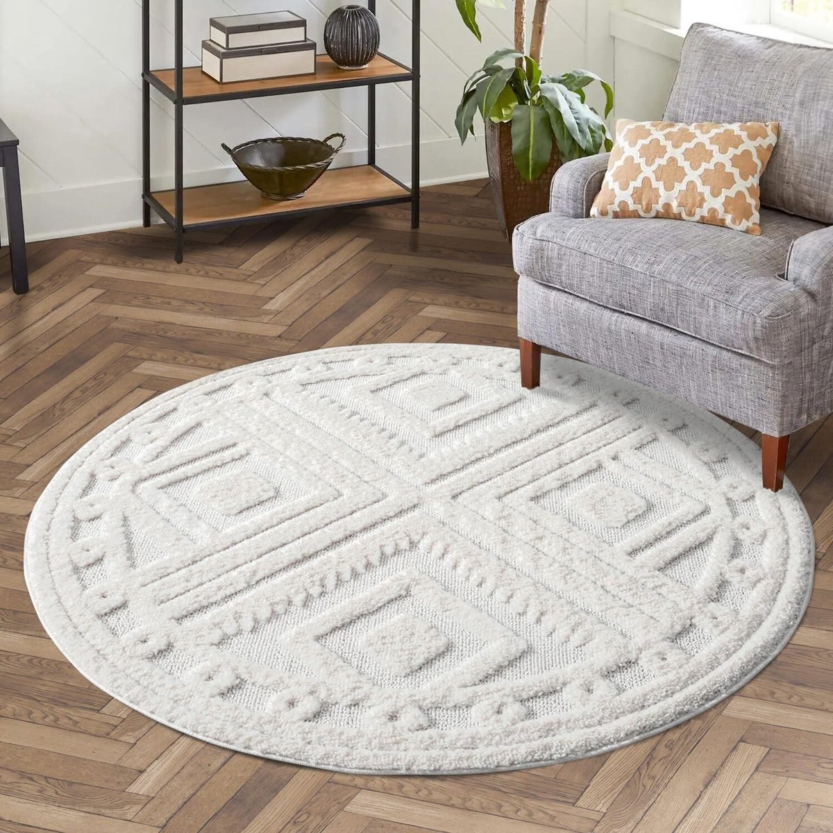 Elzusha - Hoogpolig Tapijt Rond 200 cm in Wit/Crème