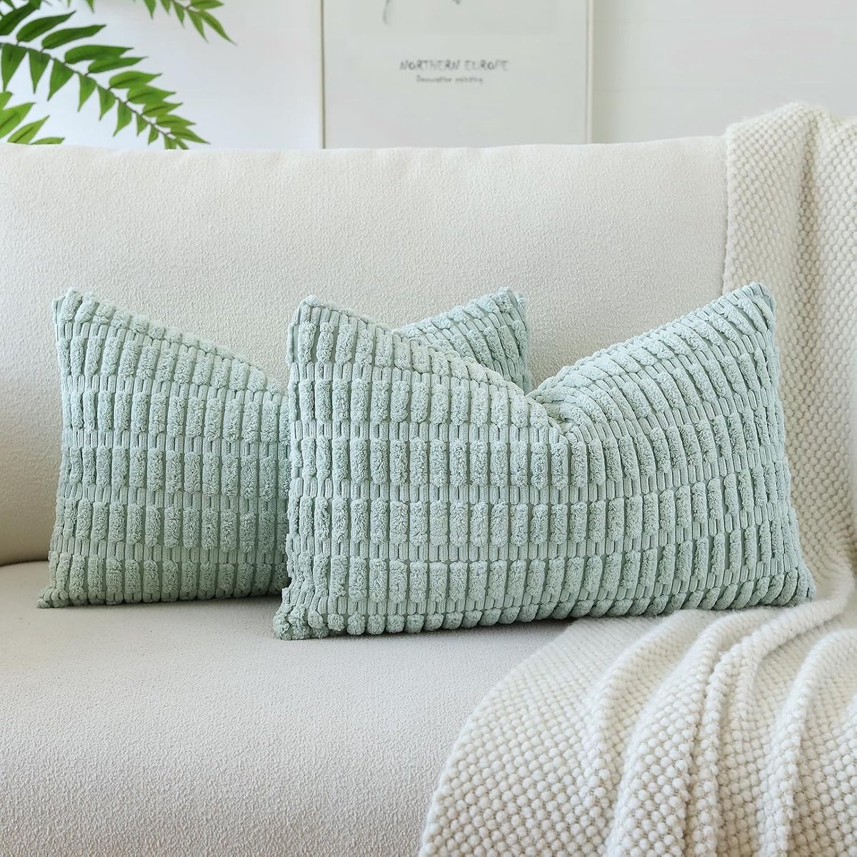 Zachte Corduroy Gestreepte Kussenhoezen 40x60cm Boho Decoratieve Kussenslopen voor Sofa en Slaapkamer - Set van 2 (Lichtblauw Groen)