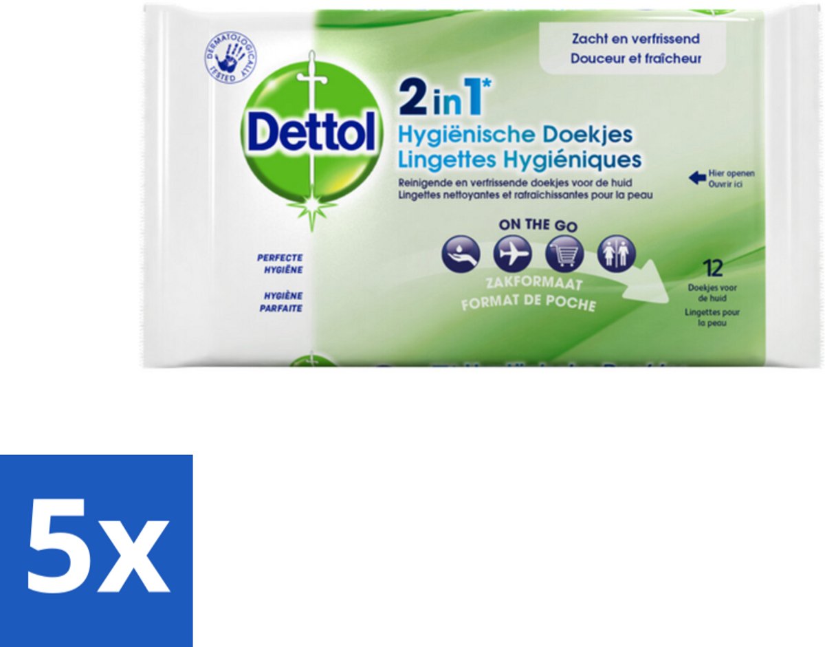 5 x Dettol - Reinigingsdoekjes - 2-in-1 Reiniging & Desinfectie - On the Go - 12 Doekjes - Reinigingsdoekjes - Hygiëne - Desinfectie - Bacteriënbestrijding - Huidbescherming