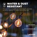 Water- en stofbestendig LED-lichtsnoer met G40-lampen, geschikt voor binnen en buiten.