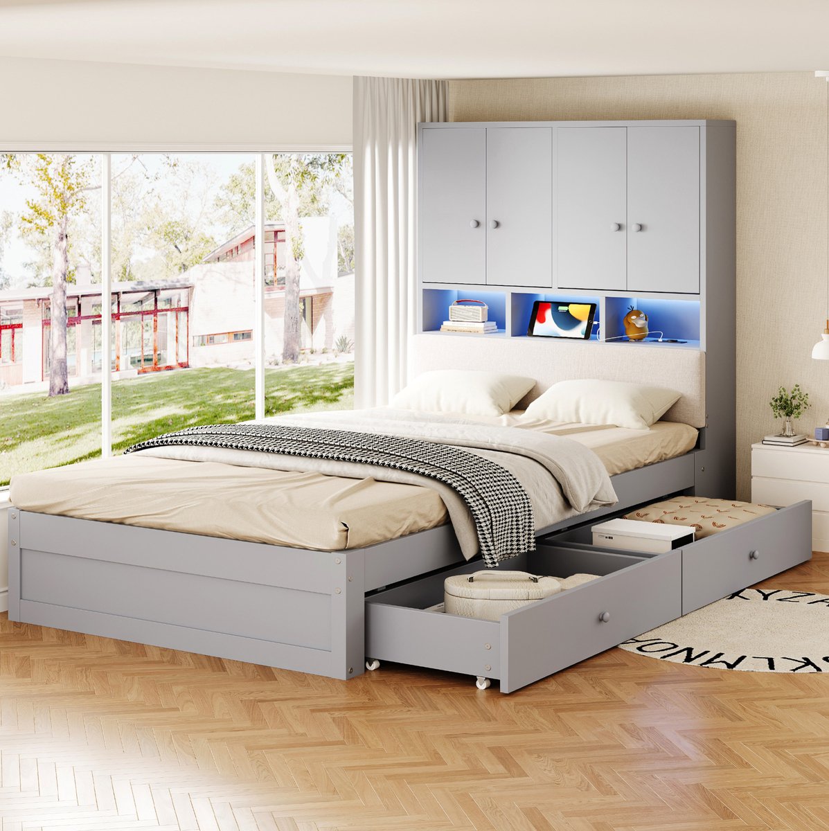 COVREO Eenpersoonsbed 90x200 cm grijs hout, met opbergruimte en ledverlichting