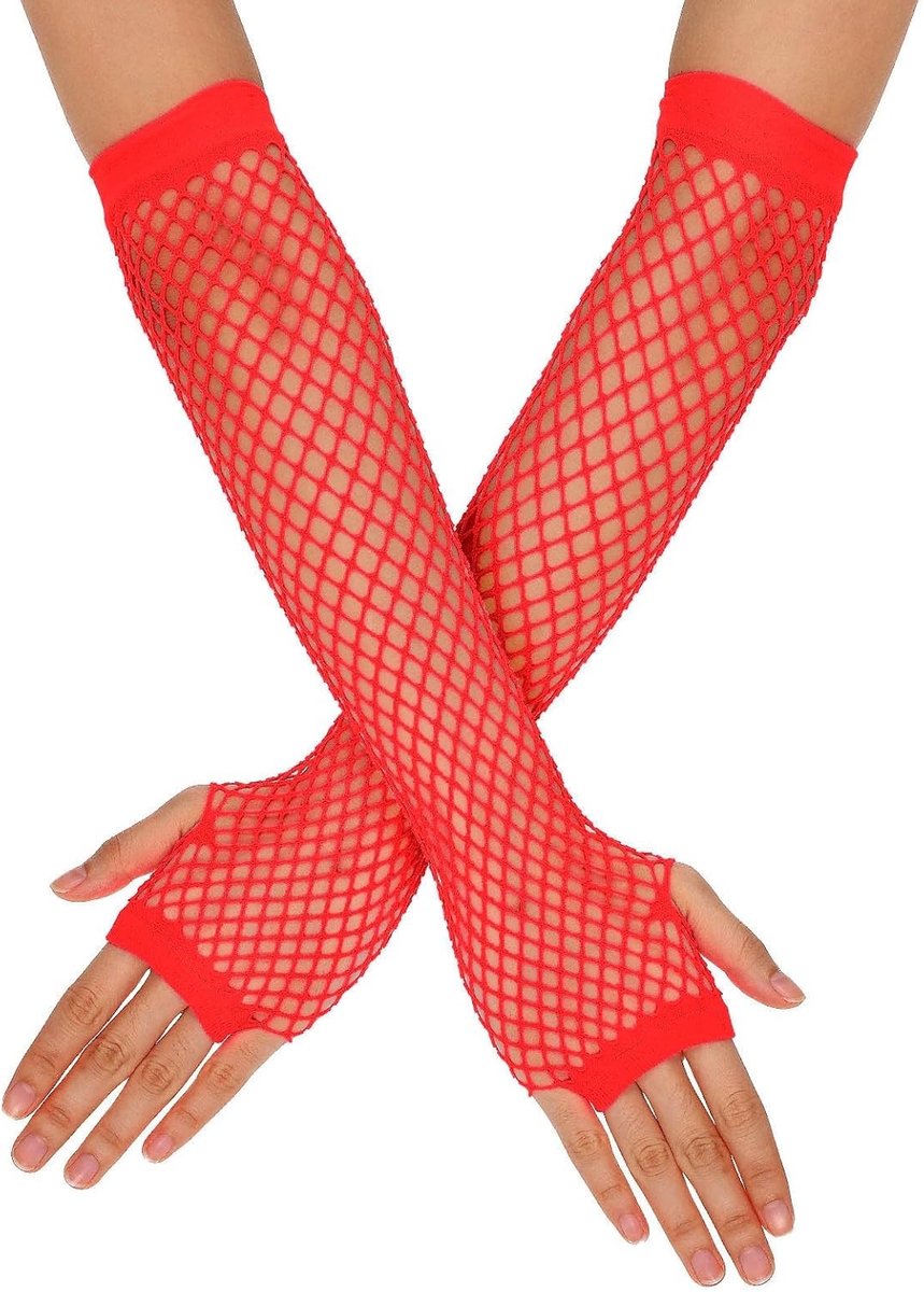 Elegante Fluorescerende Rode Vingerloze Net Handschoenen voor Themafeesten en Halloween Cosplay Accessoires - 80s Stijl en Mesh Mouw Ontwerp