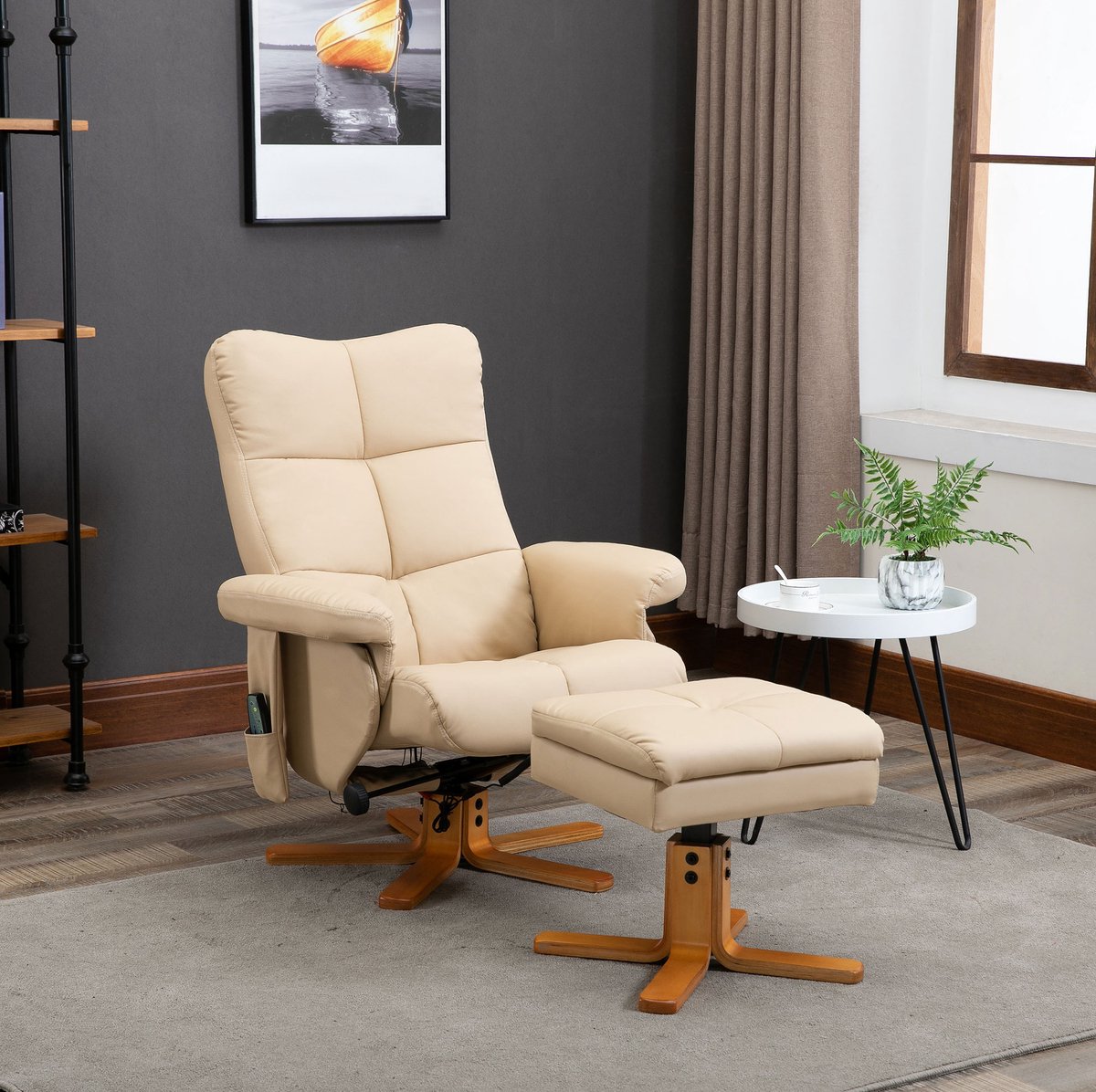 REDOM - Massagestoel - 10 massagepunten - 145° verstelbare rugleuning - 360° draaibaar - Relaxfauteuil met voetbank - Polyester - Crèmewit - 80 x 86 x 99 cm