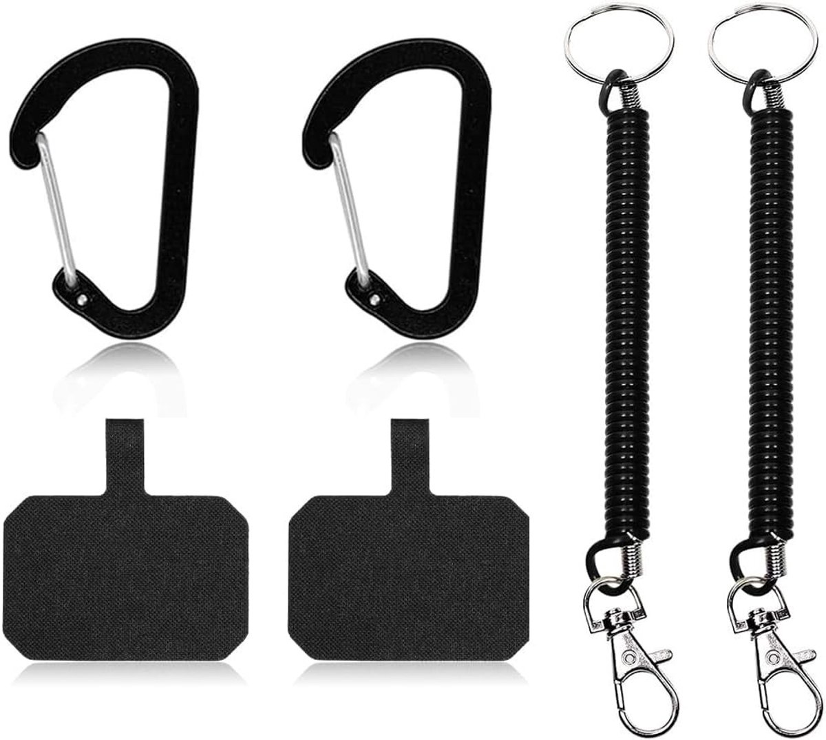 Set van 2 zwarte telefoonlussen met diefstalbeveiliging en karabiner, geschikt voor smartphones en mobiele apparaten