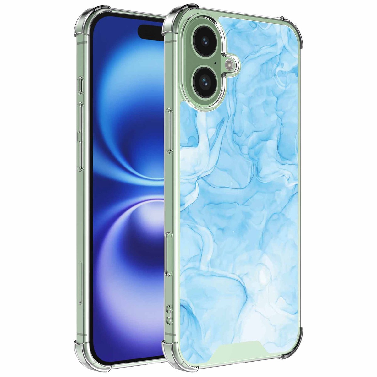 Smartphonica Geschikt voor iPhone 16 Telefoonhoesje met Lichtblauw Marmer opdruk - Draadloos op te laden - Shockproof Siliconen TPU Strong Case - Sterk Schokbestendig Telefoonhoesje geschikt voor iPhone 16
