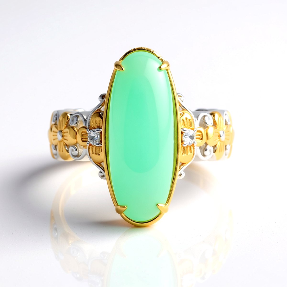 Cavill - Zilveren Ring met Lagune Chalcedoon 8,316 ct - 925 Sterling Zilver met Palladium - Ovale Cabochon met Zirkonia - Elegante Bloemmotief Ring